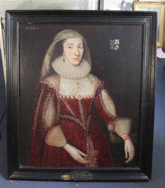 English School, c.1625, Portrait of Grace Rokeby, wife of Conyers DArcy, 1st Earl of Holderness 34.5 x 29in.